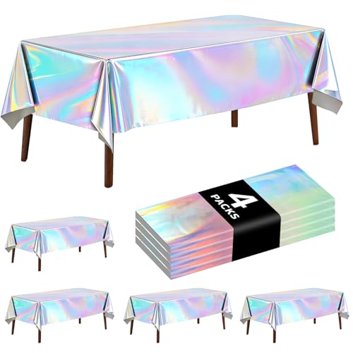 4 Pack Iridescent Plastic Tablecloths Laser Table Covers Shiny Holographic Foil Tablecloth Disposable Rectangle Table Covers for Birthday Wedding Christmas Holiday Party Decorations 54x108 Inch - color: Laser