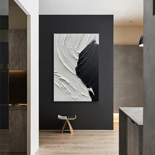 NANKAI Art Hand Painted Thick textured black and white Minimalist home wall Art Deco oil painting 36x24 inches - color: NKHB152