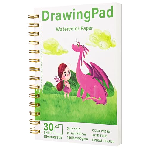 Elvendreth Drawing Paper Pad, 5x7.5 Inch, 140lb/300gsm No Bleed-Through Watercolor Paper, Spiral-Bound/Tear-Line, 30 Sheets for Adults, Kids, Artists -Watercolor Book, Exercises & Mixed Media