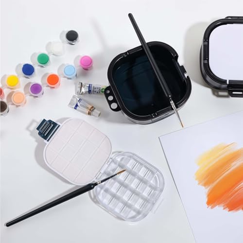 2 PCS Airtight Paint Saver Storage Palette Box, 16 Well Palette Box with Lid, Include Paint Brush Basin, Perfect for Gouache, Acrylic, Watercolor and Oil Painting (Blue, Black)
