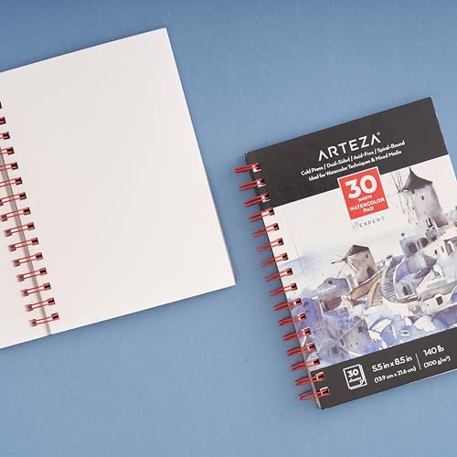 ARTEZA Watercolor Paper, Pack of 3, 30 Sheets Each, 5.5x8.5 Inches Water Pad, Spiral Bound, 140lb/300gsm Cold Press, Acid Free Art Paper - color: White Expert
