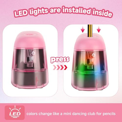 Battery-Operated Electric Pencil Sharpener with LED Light – Compact & Portable Pencil Sharpener for Home, School, or Office Use (Pink) - color: Pink