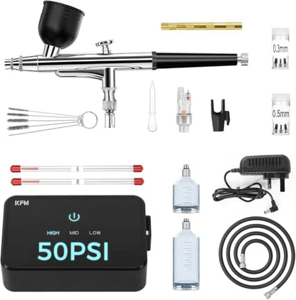 50 PSI Airbrush Kit with Compressor, High Pressure Air Brush with 0.2/0.3/0.5mm Nozzle/Cleaning Sets, Dual-Action Airbrush Gun for Painting, Modeling, Cake Decor, Nail Art, Makeup