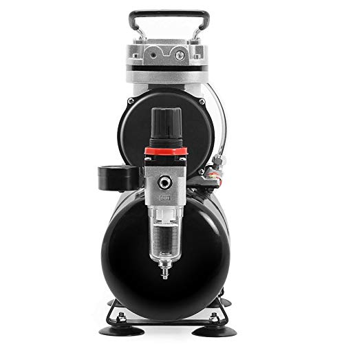 PointZero 1/5 HP Airbrush Compressor with Air Tank, Regulator, Gauge and Water Trap - Quiet Portable Pump Silver