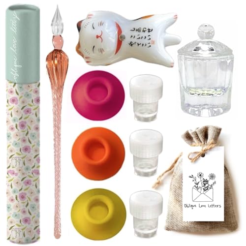 Glass Dip Pen Set – Ink Well, Dinky Dip Ink Holder, Pen Holder & Pen Rest – Elegant Gift for Calligraphy Lovers - style: Glass Dip Pen Set w/ Cat Rest