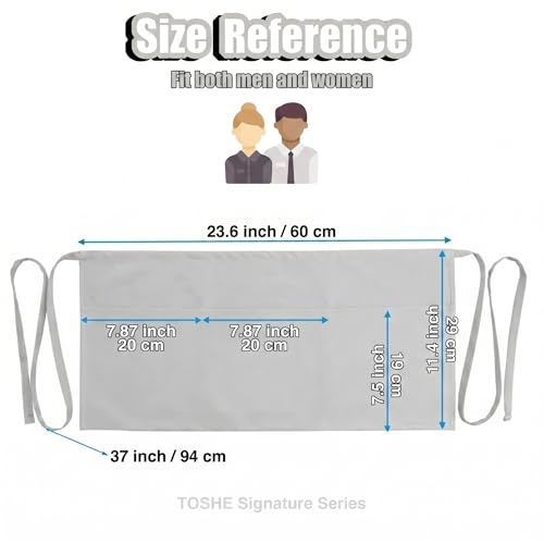 TOSHE Waist Apron 3 Pockets Waterdrop Resistant Cotton Server,Chef,Waitress - color: Gray