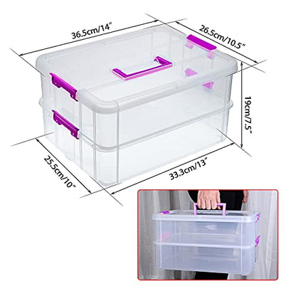 JUXYES 2-Tiers Plastic Stack Carry Storage Containers Box wih Handle Lids - color: Purple