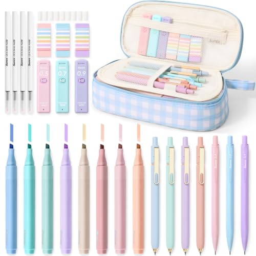 SUNEE Pencil Case with Supplies, 35PCS Aesthetic Stationery Set with Pastel Highlighters, Black Gel Pens, Mechanical Pencils & Refills, College School Supplies for Students Girls Blue Checkered - color: Blue Checkered, style: 35 Pack