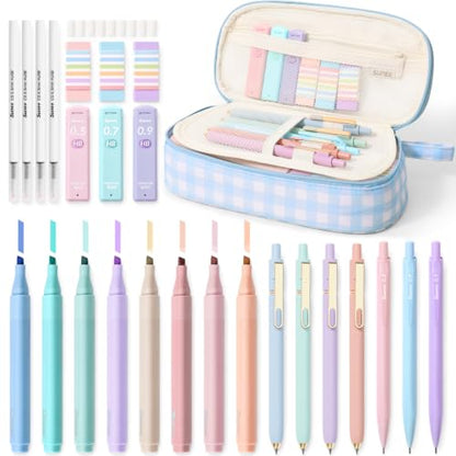 SUNEE Pencil Case with Supplies, 35PCS Aesthetic Stationery Set with Pastel Highlighters, Black Gel Pens, Mechanical Pencils & Refills, College School Supplies for Students Girls Blue Checkered - color: Blue Checkered, style: 35 Pack