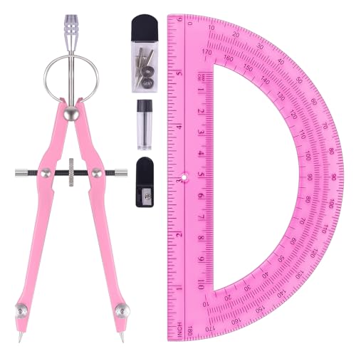 Unjoo Compass and Protractor Set, Math Compass for Geometry (Pink) | Professional Drawing Compass Tool, Metal Compass with Extra Refills, 6 Inch Math Protractors 180 Degree, For School, Office - color: Pink