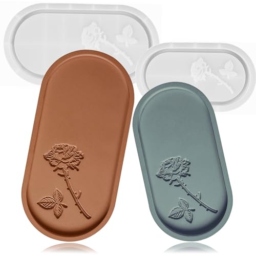 Wehous Oval Tray Molds for Resin Concrete, 2 Size Rose Carved Oval Silicone Mold, Tray Epoxy Resin Casting Mold for Jewelry Holder Bathroom Vanity Tray Candle Holder Storage Floral Crafts Gift - color: 2pc Rose Carved Trays