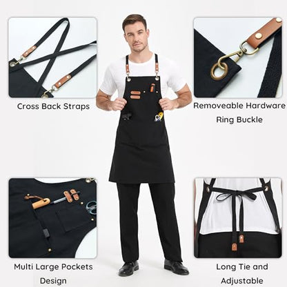 Chef Canvas Aprons with 3 Large Pockets Adjustable Strap for Men Women - color: Black