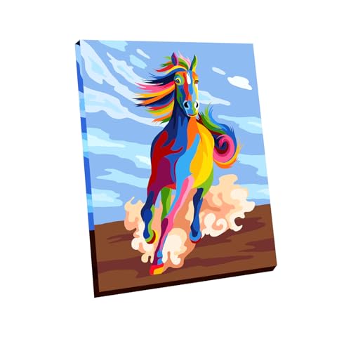 Wooden Framed Paint by Numbers DIY Acrylic Painting Kit for Kids & Adults Beginner – 16" Wx12 L Color Horse Pattern - color: Colorful Horse Framed