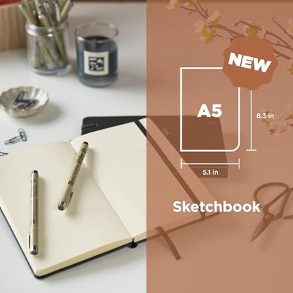 SAKURA Pigma Micron Pen 6 Pack and A5 Sketchbook Black Drawing Bundle