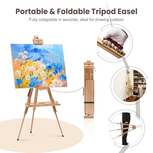Foldable Easel for Painting: Adjustable Solid Pine Wood Portable Easel for Adults - Drawing Easel Stand with Carrying Bag & Features a Spacious Removable Tray Holds Canvas up to 25"