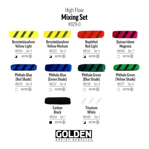 High Flow Acrylics by GOLDEN, High Flow Mixing Set, 10 Colors, Professional Acrylic Paint