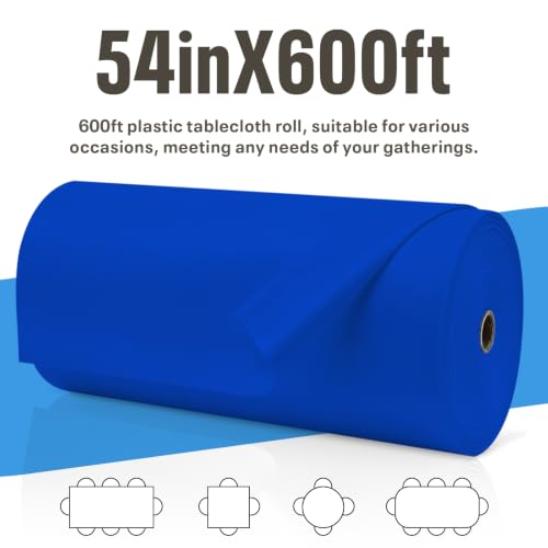 54IN X 600FT Plastic Table Cover Roll with Cutter Box, Cut to Size Plastic Table Cloths for Parties, Birthday, (Blue, 54"x7680"(Rectangular)) - color: Blue, size: 7680" x 54" (Rectangular)