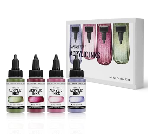 Kamenskaya Acrylic Ink Set – Iridescent Blooms – 4 x 1 Fl Oz Bottles - color: Green-brown-gold, Pink Gold, Pink Silk, Lilac Glow, style: Metallic
