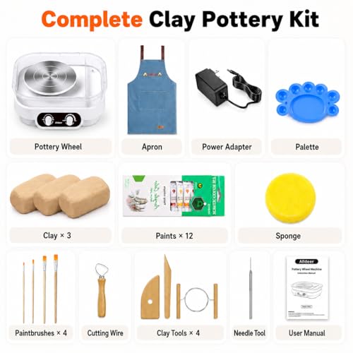Alldeer Pottery Wheel for Adults, Beginners, Kids, Complete Kit | 7" Turntable, Adjustable Speed, Electric Clay Wheel with Pottery Tools Set, Pottery Making Kit with Removable Splash Tray
