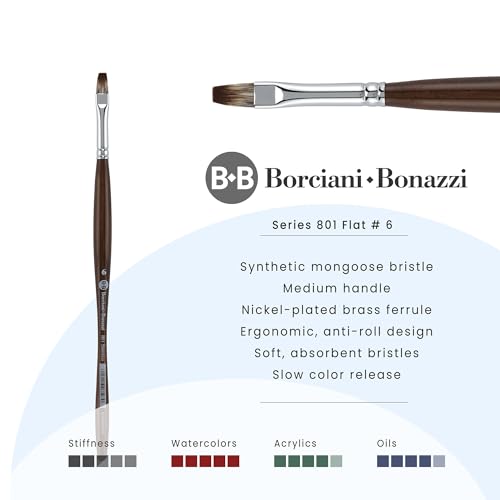 Borciani e Bonazzi Unico Synthetic Mongoose Artist Paint Brush - Series 801 Flat - Size #6 - Watercolors, Oil & Acrylic Paint - Handcrafted in Italy, Anti-Roll Design, Ergonomic Medium Handle - size: 6