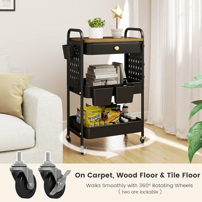 danpinera 3-Tier Rolling Cart, Metal Rolling Storage Cart with Wooden Table Top & DIY Pegboards, Storage Cart with Wheels, Hooks & Hanging Cups, Storage Organizer Cart Craft Art Cart, Black