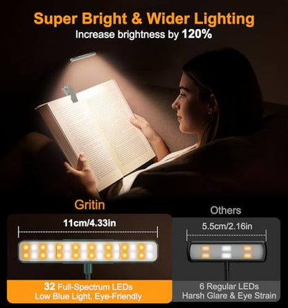 Gritin 2026 Gen 2 Book Light for Reading- 32 Eye Caring Full Spectrum LED - color: Forest Green