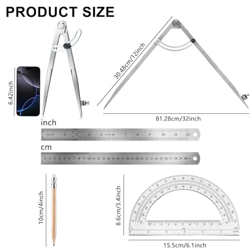 12 Inch Compass Geometry Tool Drawing Compass with Pencils | Includes Large Compass 12 Inch Ruler 6 Inch Protractor and 2 Pencils for Woodworking Carpenter Drafting - size: 12 inches+2 Pencils