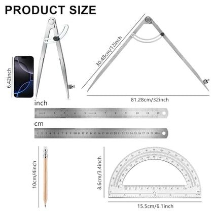 12 Inch Compass Geometry Tool Drawing Compass with Pencils | Includes Large Compass 12 Inch Ruler 6 Inch Protractor and 2 Pencils for Woodworking Carpenter Drafting - size: 12 inches+2 Pencils