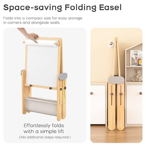 3-In-1 Folding Kids Art Easel - Double-Sided Foldable Wooden Art Easel with Chalkboard & Whiteboard, Height Adjustable, Portable Art Station with Paper Roll Holder, Ideal Gift for Girl & Boy - style: Folding Easel