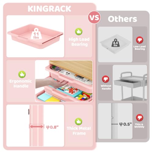 KINGRACK 3 Tier Rolling Cart with Drawer, Metal Utility Storage Cart, Pink | 3 Drawers, Pegboard & Wood Tabletop, Lockable Wheels, 4 Hooks & 1 Bin, for Living Room,Bedroom,Craft Room,Office,Kids Room - color: Pink