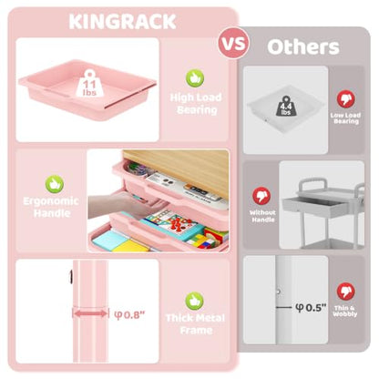 KINGRACK 3 Tier Rolling Cart with Drawer, Metal Utility Storage Cart, Pink | 3 Drawers, Pegboard & Wood Tabletop, Lockable Wheels, 4 Hooks & 1 Bin, for Living Room,Bedroom,Craft Room,Office,Kids Room - color: Pink