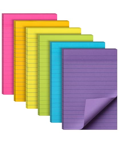 Mr. Pen- Lined Sticky Notes, 4" x 6", 6 Pads, 45 Sheets/Pad | Sticky Notes with Lines, Ruled Post Stickies, Memo Pads, Self-Stick Note Pad for Office, School, Home, Study - color: Vibrant, size: 4 x 6 inches, 6 Pads