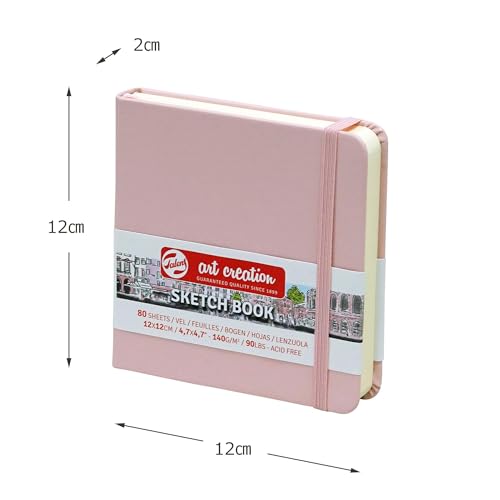 Talens Art Creation Sketchbook, Pastel Pink, 80 Sheets, 4.7 x 4.7 in | Hard-Bound Pocket Notebook, 140 GSM/94 lbs Paper, Acid-Free Cream Blank Paper, Ribbon Bookmark, and Elastic Closure - color: pastel pink, size: 12×12cm