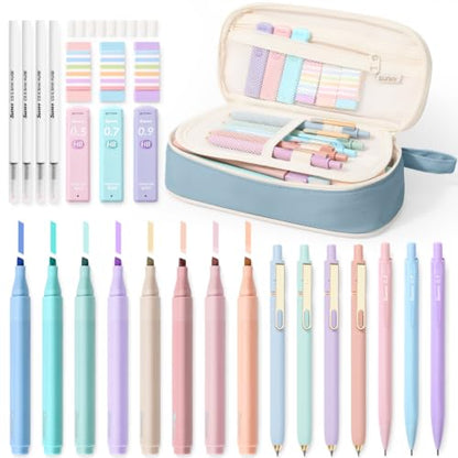 SUNEE Pencil Case with Supplies, 35PCS Aesthetic Stationery Set with Pastel Highlighters, Black Gel Pens, Mechanical Pencils & Refills, College School Supplies for Students and Girls, Blue - color: Blue, style: 35 Pack