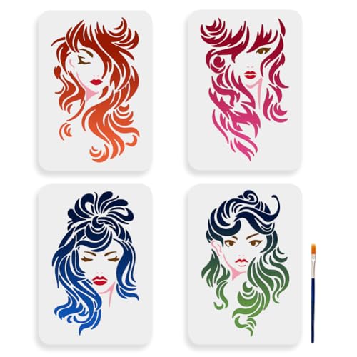 MAYJOYDIY 4pcs Curly Hair Lady Stencil 11.7x8.3inch Large Theme Stencils with Paint Brush Fashionable Curly Women Face Templates for Furniture Windows Wood Wall Tile Canvas Fabric Floor - color: Curly Hair Lady