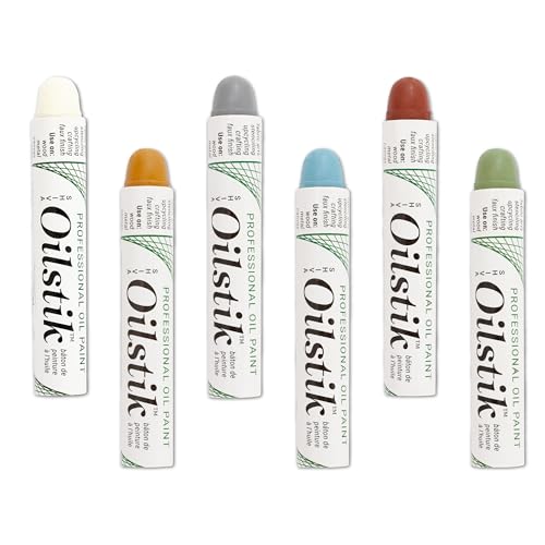 Jack Richeson & Co Shiva Artist Grade Oilstiks Set – 6 Neutral Landscape Colors (Antique White, Wedgewood Blue, Pewter Gray, Yellow Ochre, Celadon Green, Barn Red) – Professional Oil Paint Sticks for Canvas, Fabric, Wood & Mixed Media