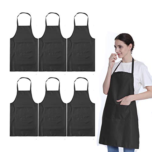 Total 6PCS Black Apron for Wowen Adult Unisex with 2 Pockets-Chef Cooking Baking Kitchen Restaurant Crafting Painting Party Aprons - color: Black