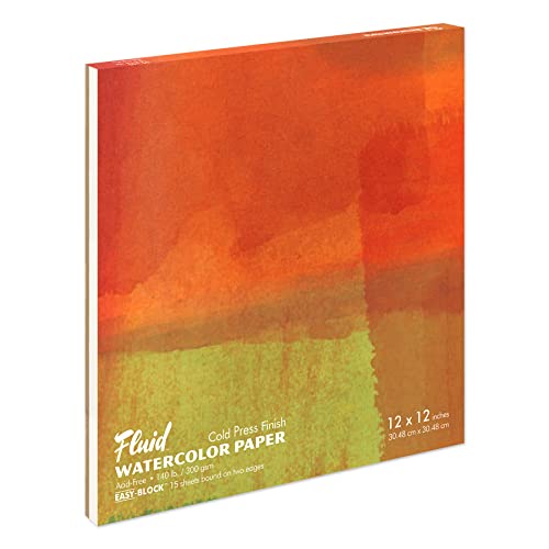 Fluid Watercolor Paper Block, 12 x 12 inches, 15 Sheets, 140 lb (300 GSM) Cold Press Pad for Artist Painting and Wet Media - size: 12 x 12 Block