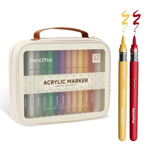 MemOffice Acrylic Paint Markers, 12 Colors, Brush Tip Paint Pens Set | High Opacity, No Bleed, For Rock, Fabric, Wood, Glass, 3D Printing, DIY Crafts, Water-Based, Waterproof - color: 12 Colors