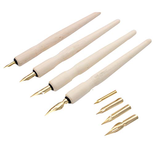 Wooden Professional Manga Pen Dip Pen Set with 4 Nibs Manga Cartoon Comic Drawing Painting Kit - 4 Pcs - color: Wood