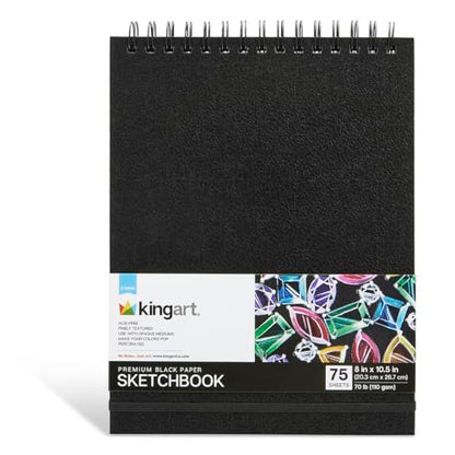 KINGART Black Paper Sketchbook – 8 x 10.5 Inch, 1-Pack – 75 Sheets (70 lb / 110 GSM), Premium Acid-Free Heavyweight Dark Drawing Pad for Charcoal & Gels