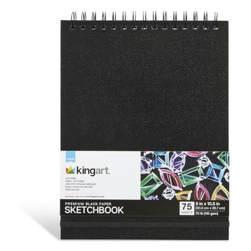 KINGART Black Paper Sketchbook – 8 x 10.5 Inch, 1-Pack – 75 Sheets (70 lb / 110 GSM), Premium Acid-Free Heavyweight Dark Drawing Pad for Charcoal & Gels