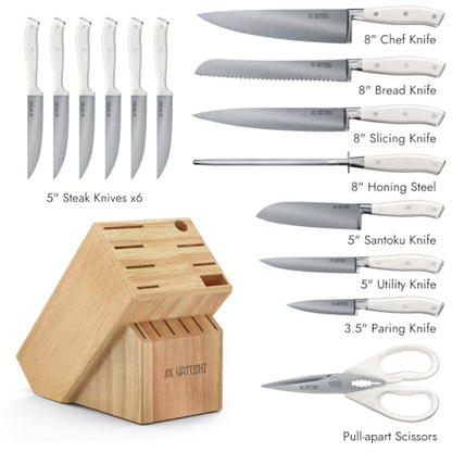 Yatoshi 15 Piece White Knife Block Set - Pro Kitchen Knife Set Ultra Sharp High Carbon Stainless Steel with Ergonomic Handle - color: White, size: 15-Piece