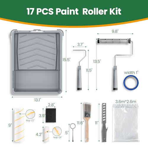 VOOMEY 17 Piece Paint Roller Kit, 9" & 4" Rollers with Tray & Brushes - style: 17pcs paint roller kit