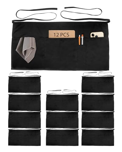 Xeoxarel Aprons with 4 Pockets (Available in 3 Pack / 7 Pack) 23.5'' X 11.5'' - color: 12 Pack Server Apron With 4 Pockets - Black