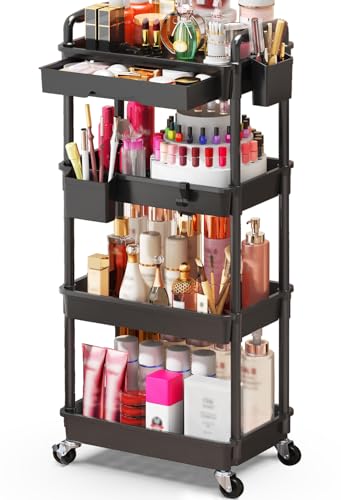 SUNALLY Makeup Cart Organizer with Drawer,4 Tier Rolling Makeup Cart, Black - color: Black, size: 4 Tier