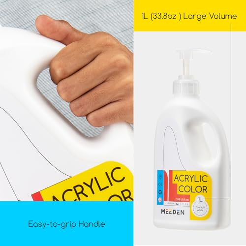 MEEDEN 2-Pack Titanium White Acrylic Paint: 1 L /33.8 oz Satin Liquid Paint with Pump Lid - Soft Body Art Paints for Canvas, Studio, School, Wall & Poured Paintings - color: Titanium White - 2pack