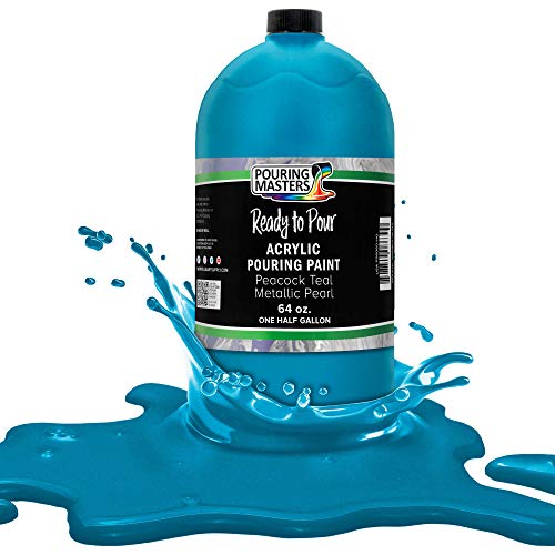 Pouring Masters Peacock Teal Metallic Pearl Ready to Pour Acrylic Pouring Paint - Premium 64-Ounce Pre-Mixed Fluid Acrylic Paint - Fluid Art Supplies for Canvas, Wood, Paper, Tile & Rocks - color: Peacock Teal Metallic Pearl, size: 64 Fl Oz (Pack of 1)