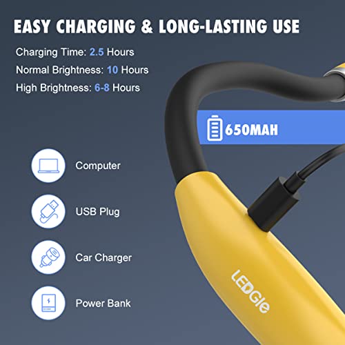 LEDGLE LED Neck Light for Reading Rechargeable Neck Flashlight for Knitting, 3 Adjustable Brightness, Flexible Soft Silicone Arms - for Reading Knitting Crocheting Camping Repairing (Yellow) - color: Yellow