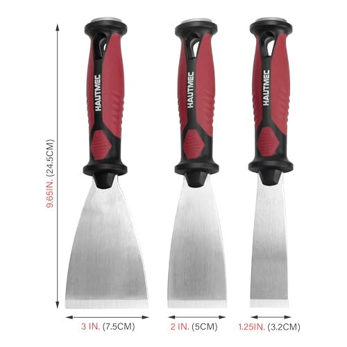 HAUTMEC 3pc Putty Knife Set, 1.25 in - 2 in - 3 in Paint Scraper, Flat Heavy Duty Stainless Steel Blade and Hammer End for Removing Wallpaper for Puttying Plaster, Cement HT0062-PT